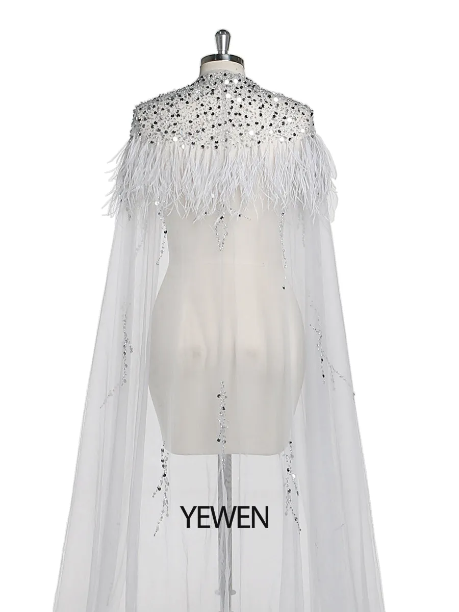 Beading Tulle Cape with Ostrich Hair Fancy Photo Shoot Props