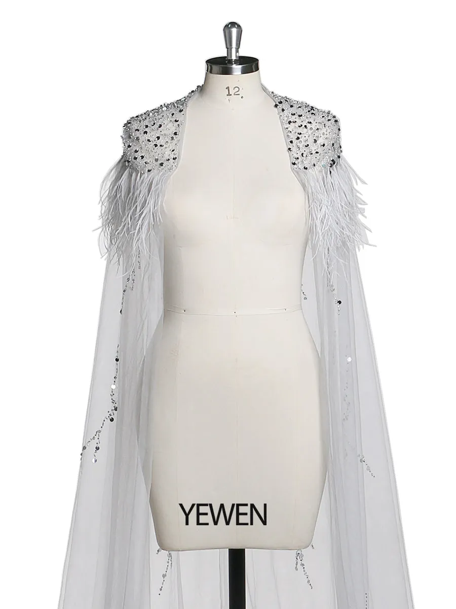 Beading Tulle Cape with Ostrich Hair Fancy Photo Shoot Props