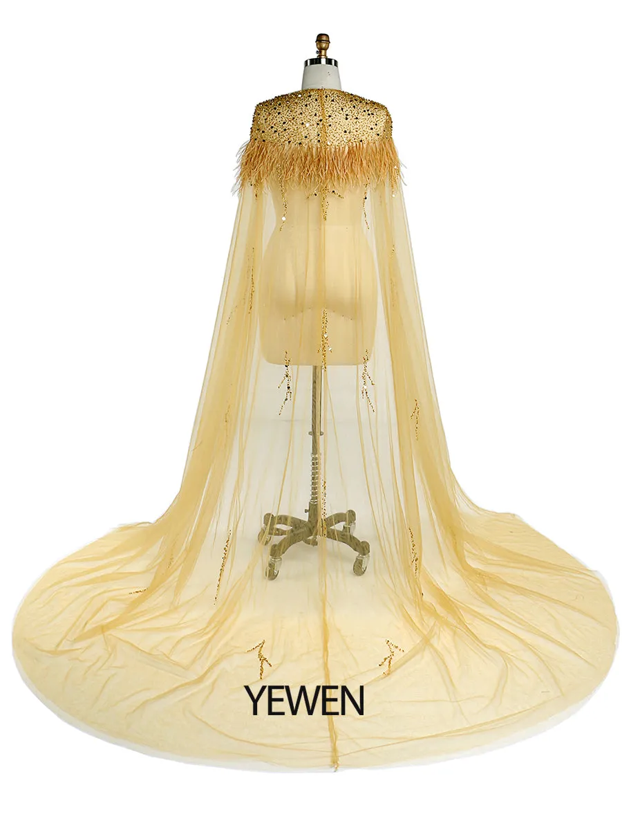 Beading Tulle Cape with Ostrich Hair Fancy Photo Shoot Props