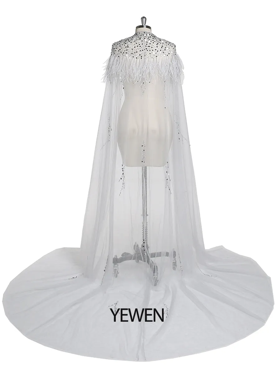 Beading Tulle Cape with Ostrich Hair Fancy Photo Shoot Props