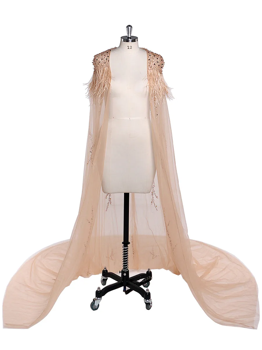 Beading Tulle Cape with Ostrich Hair Fancy Photo Shoot Props