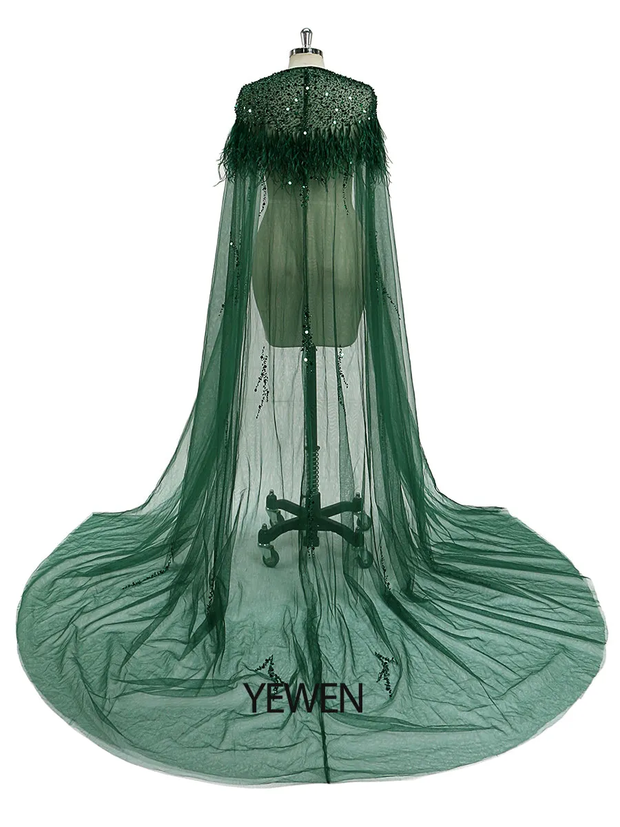 Beading Tulle Cape with Ostrich Hair Fancy Photo Shoot Props