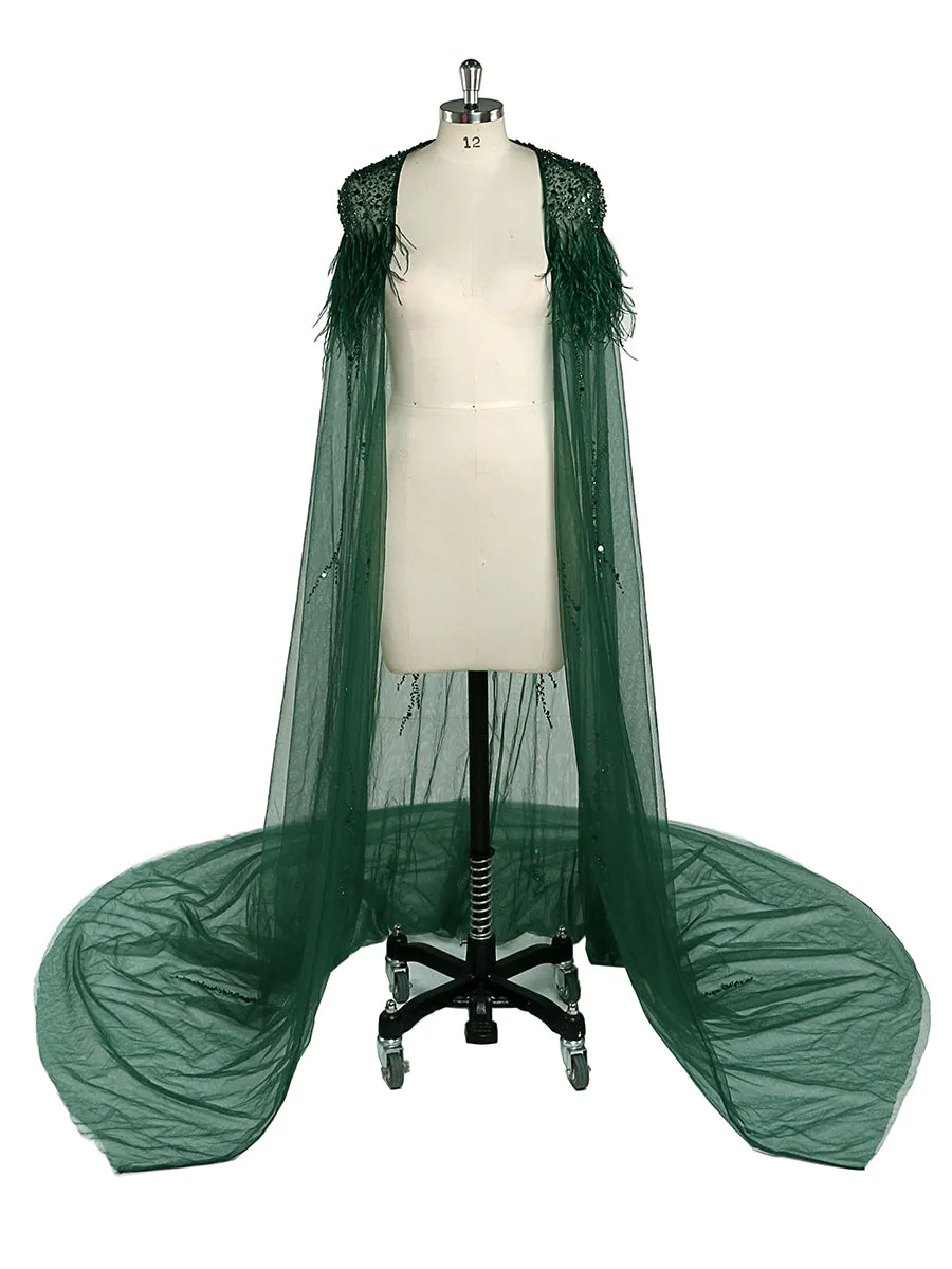Beading Tulle Cape with Ostrich Hair Fancy Photo Shoot Props
