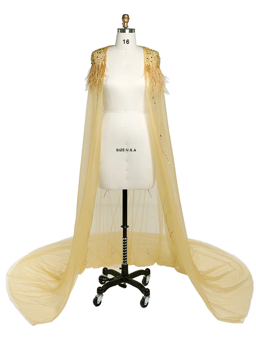 Beading Tulle Cape with Ostrich Hair Fancy Photo Shoot Props