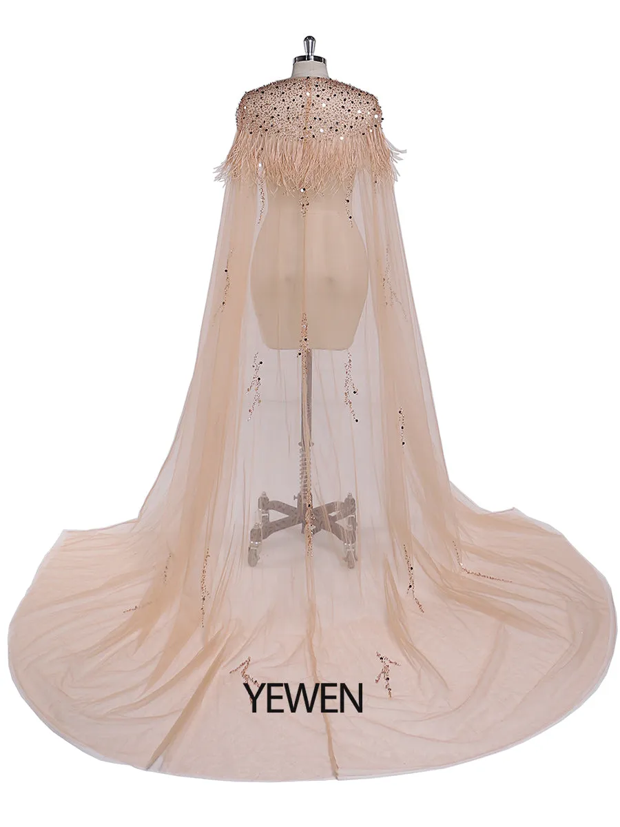 Beading Tulle Cape with Ostrich Hair Fancy Photo Shoot Props