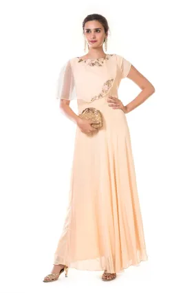 Beige  Hand Embroidered One Side Attached Cape Gown