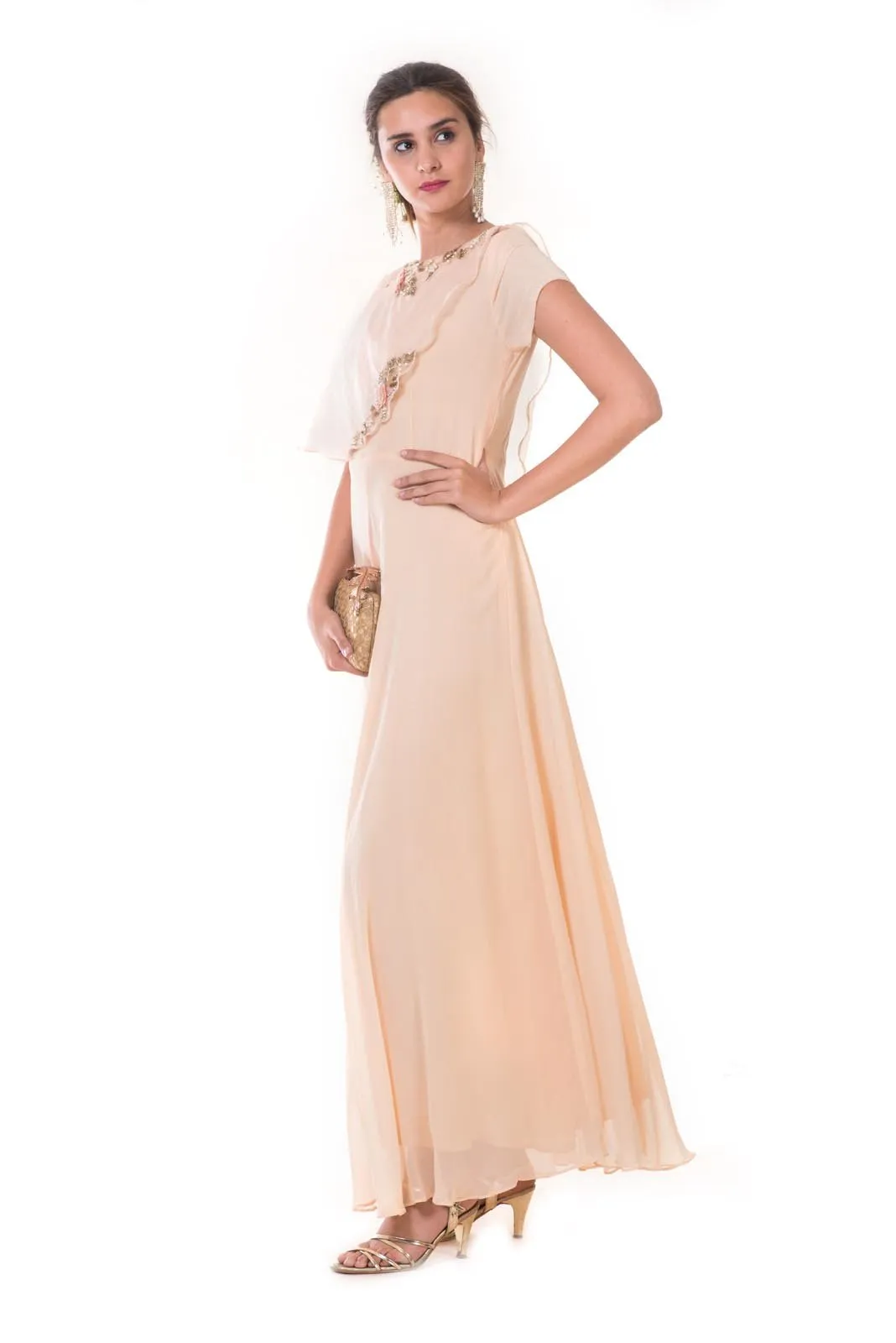 Beige  Hand Embroidered One Side Attached Cape Gown