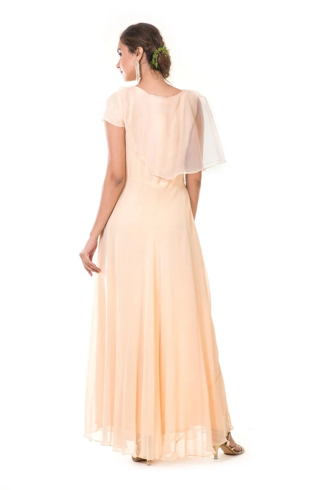 Beige  Hand Embroidered One Side Attached Cape Gown