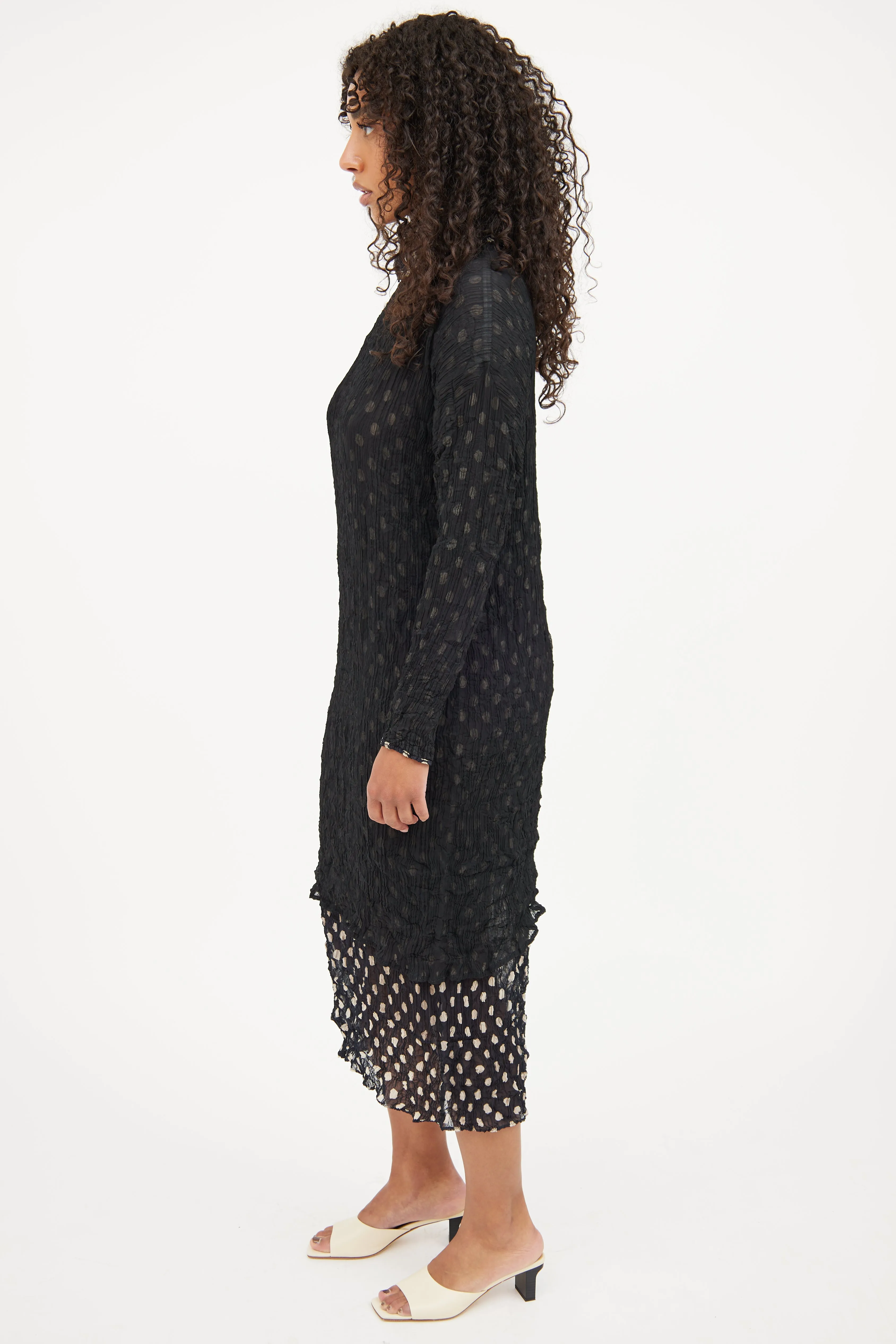 Black & Beige Dot Pleated Dress