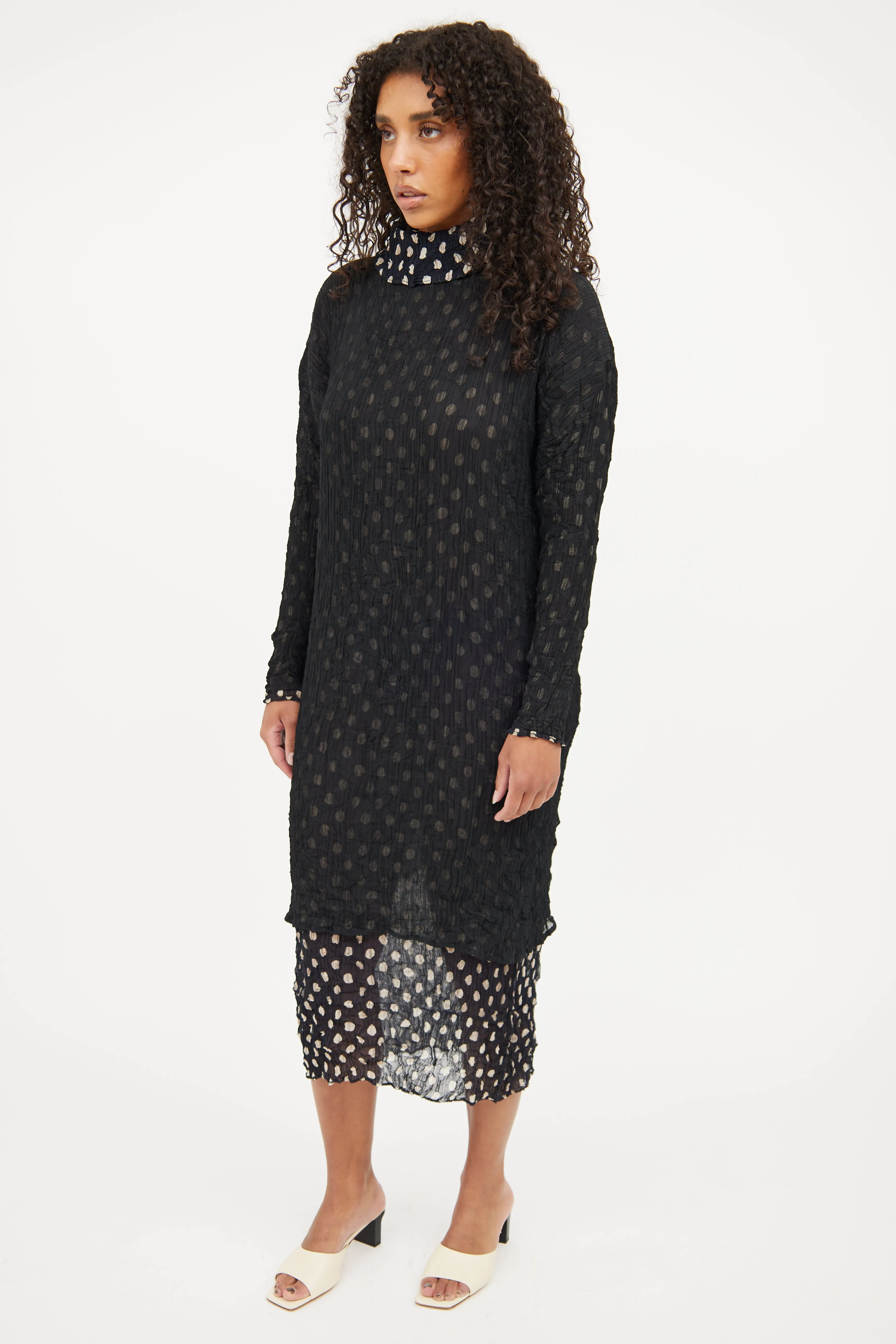 Black & Beige Dot Pleated Dress
