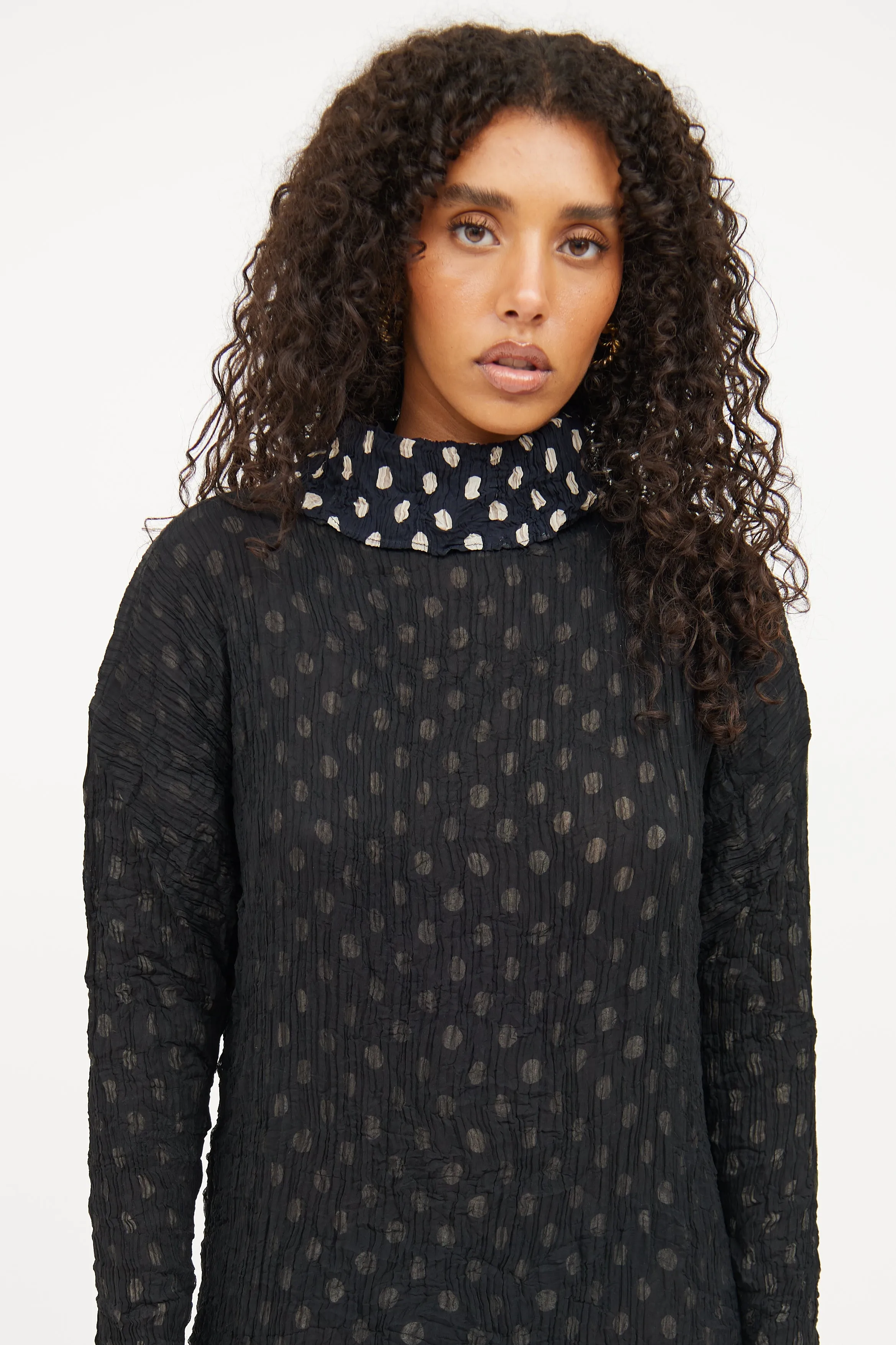 Black & Beige Dot Pleated Dress