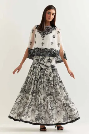 Black & White Embroidered Organza Cape With Printed Skirt