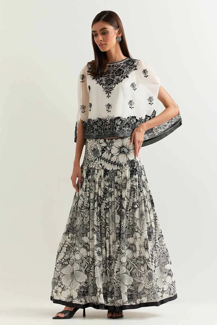 Black & White Embroidered Organza Cape With Printed Skirt