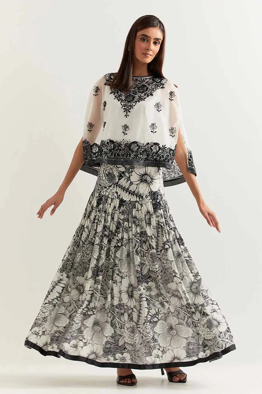 Black & White Embroidered Organza Cape With Printed Skirt
