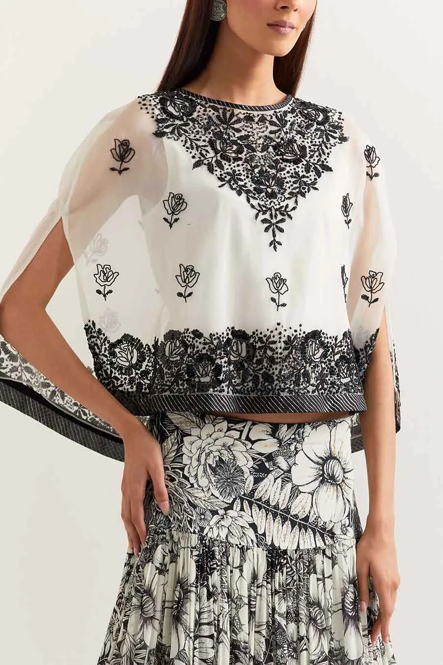 Black & White Embroidered Organza Cape With Printed Skirt