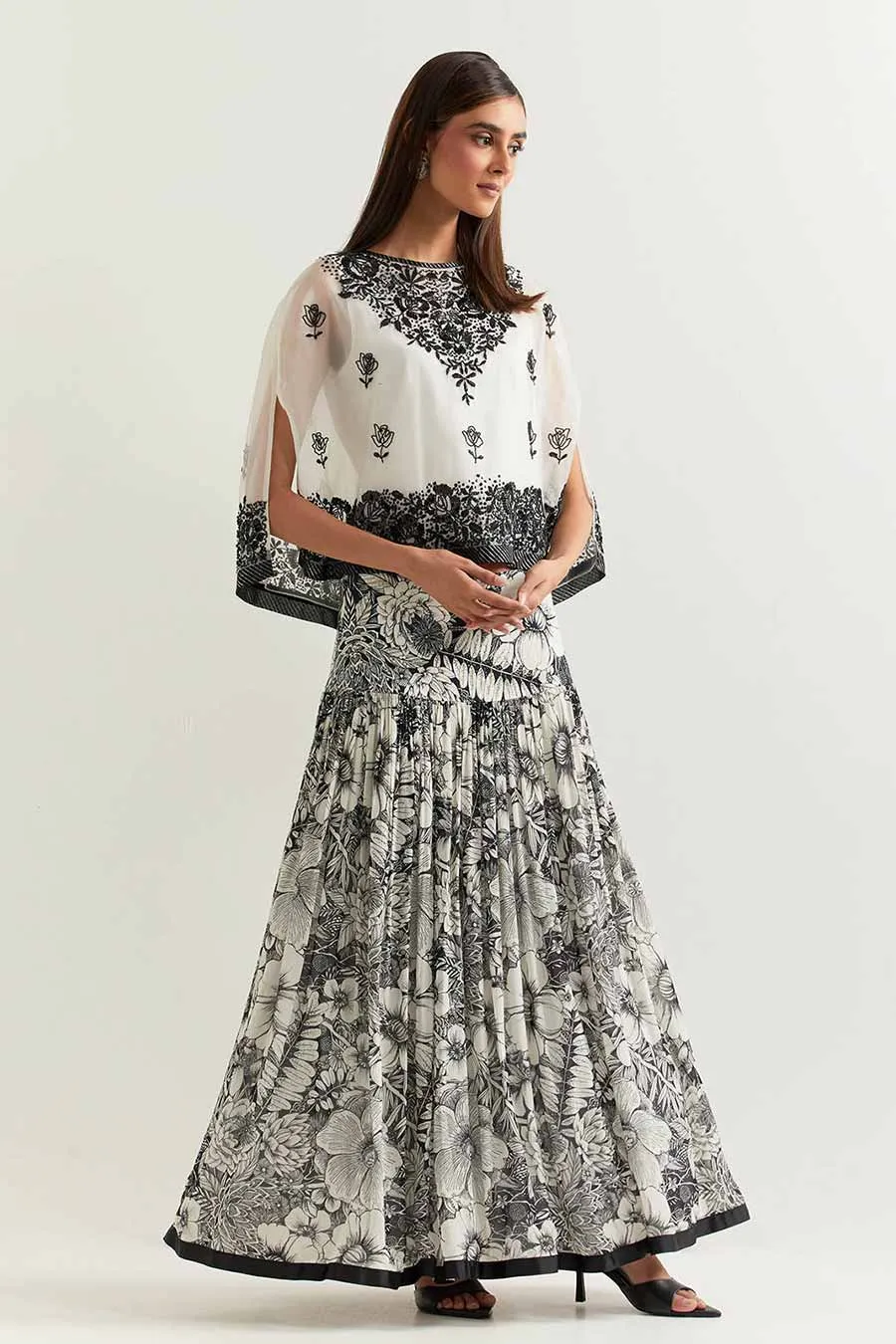Black & White Embroidered Organza Cape With Printed Skirt