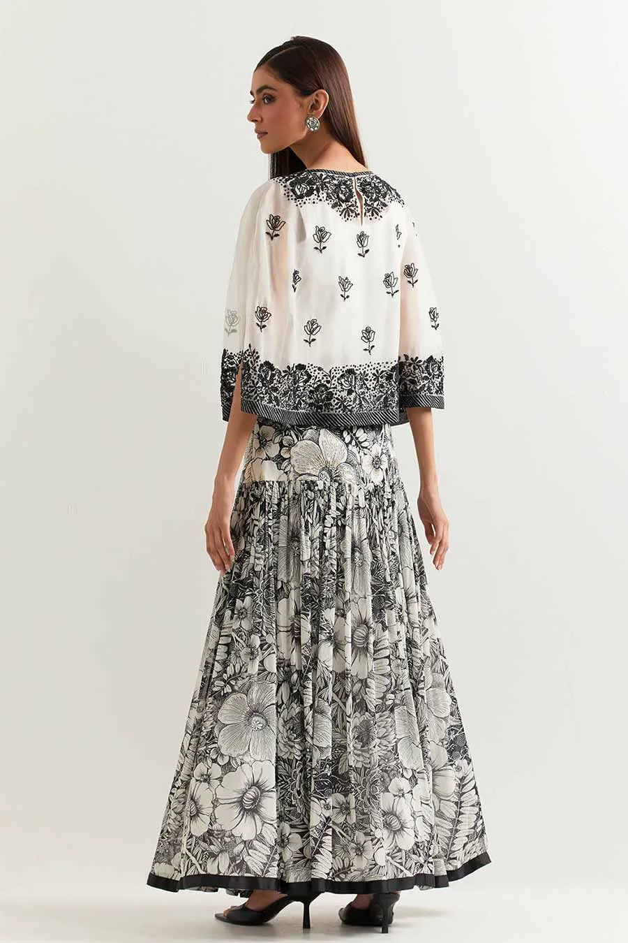 Black & White Embroidered Organza Cape With Printed Skirt