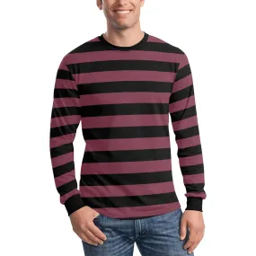 Black and Burgundy Striped Men Long Sleeve TShirt, Maroon Vintage Retro Stripe Costume Stripes Crewneck Unisex Women Designer Tee