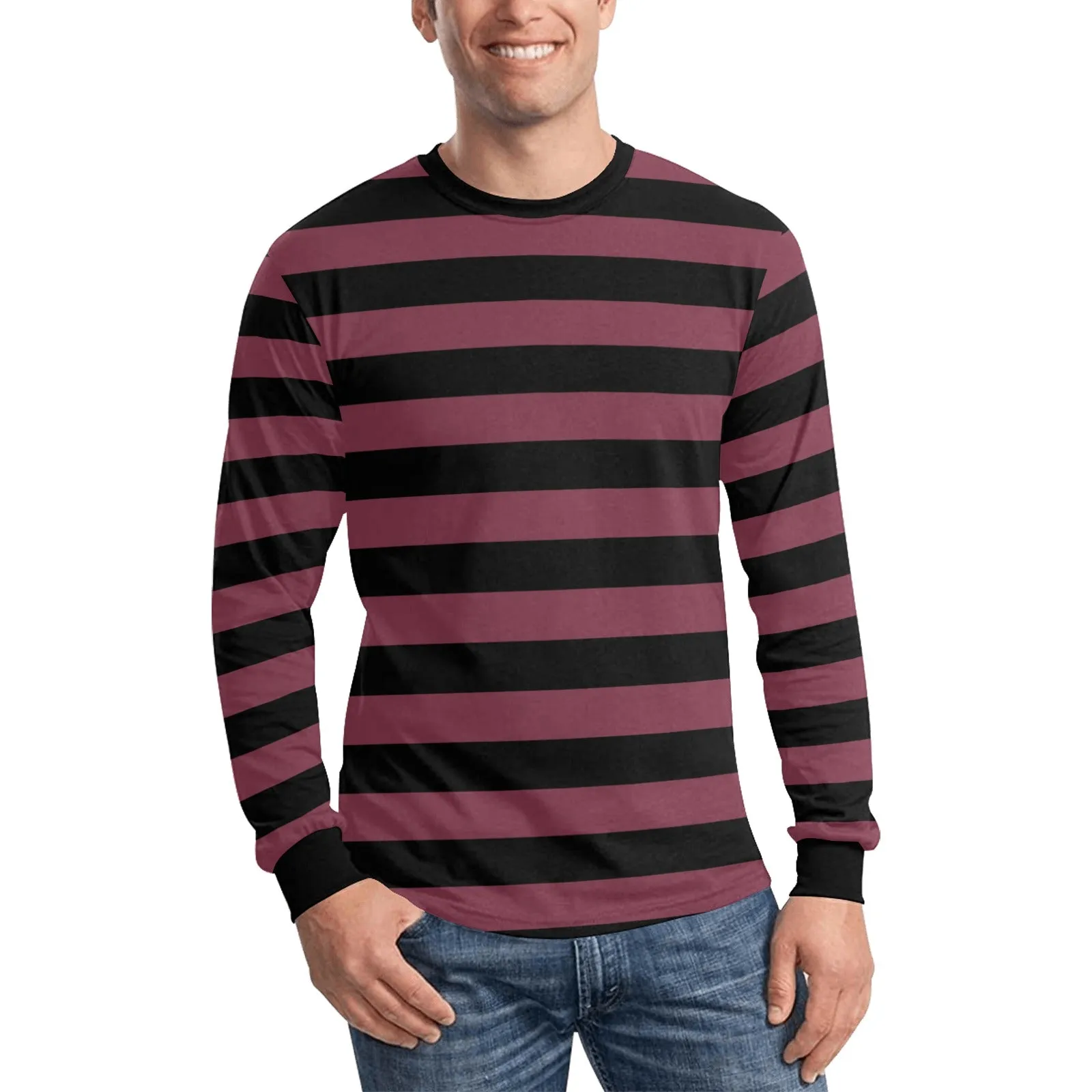 Black and Burgundy Striped Men Long Sleeve TShirt, Maroon Vintage Retro Stripe Costume Stripes Crewneck Unisex Women Designer Tee