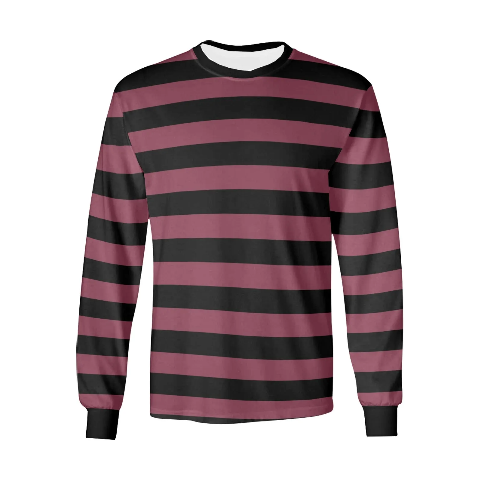 Black and Burgundy Striped Men Long Sleeve TShirt, Maroon Vintage Retro Stripe Costume Stripes Crewneck Unisex Women Designer Tee