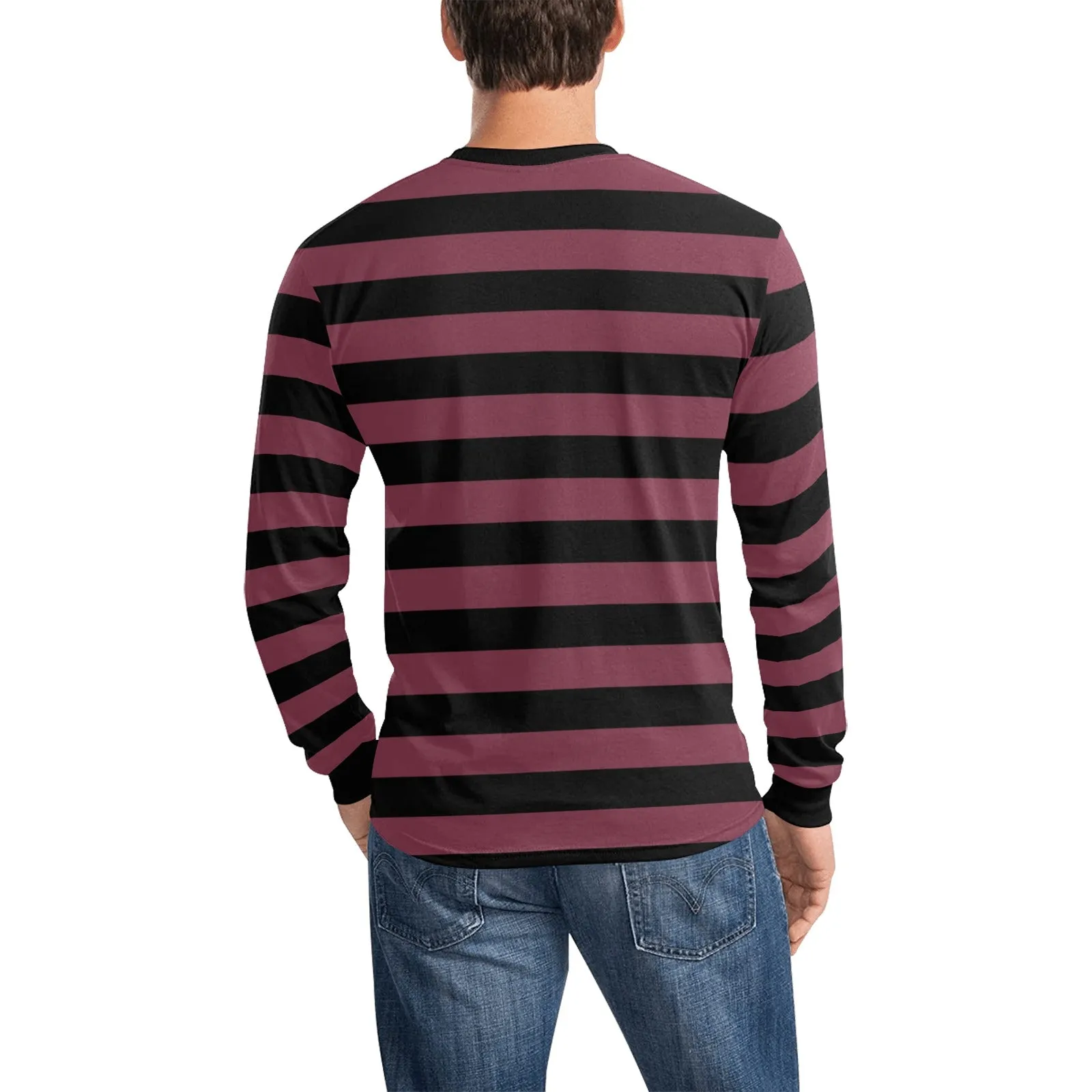 Black and Burgundy Striped Men Long Sleeve TShirt, Maroon Vintage Retro Stripe Costume Stripes Crewneck Unisex Women Designer Tee