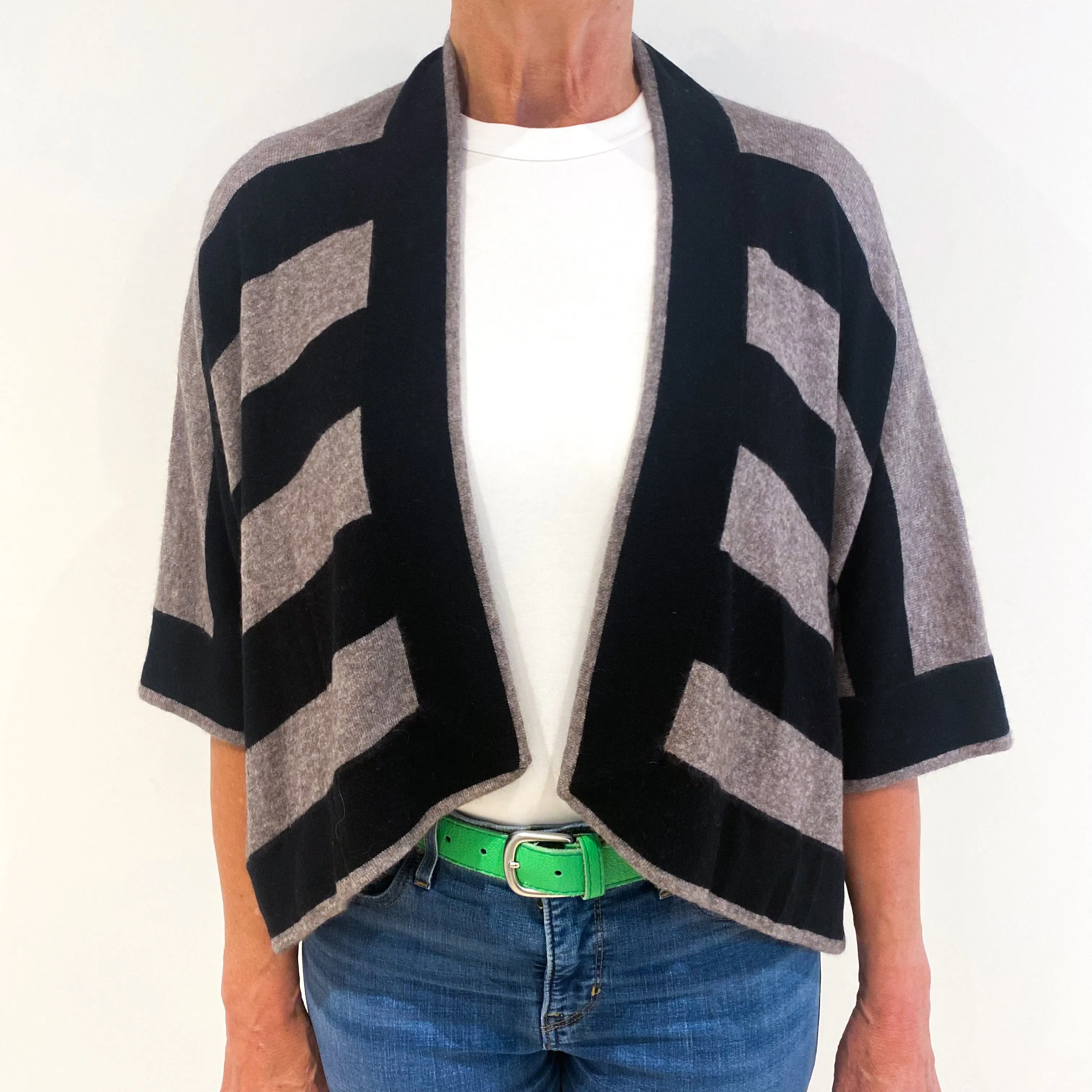 Black Brown Striped Slouchy Cashmere Edge To Edge Cardigan Medium
