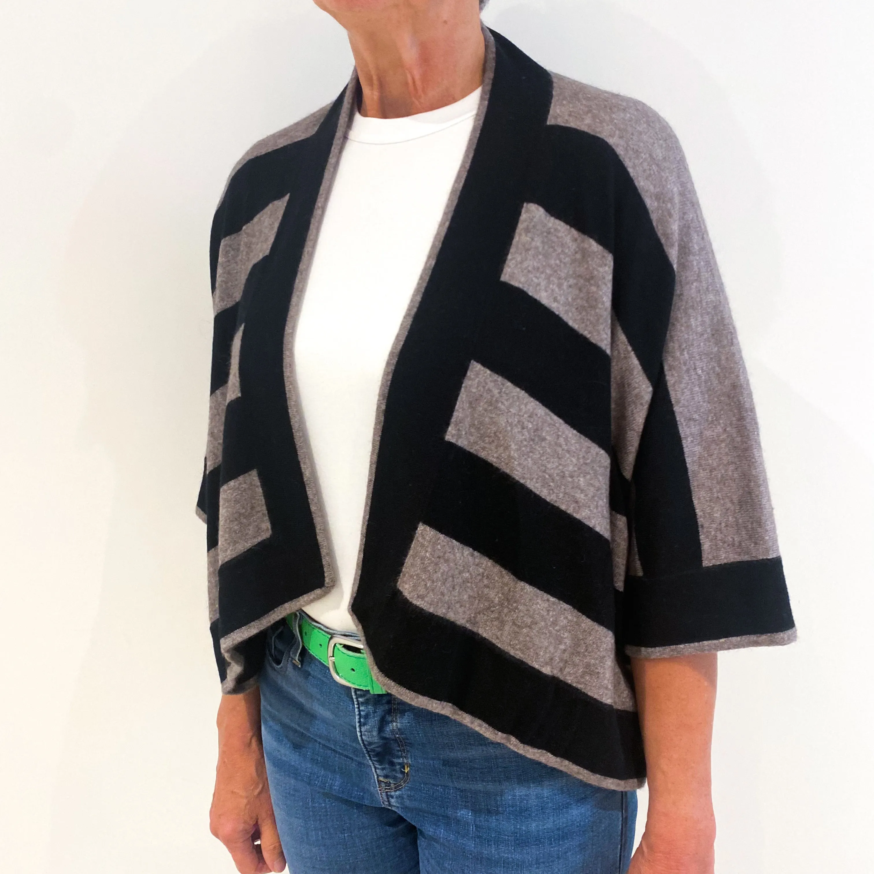 Black Brown Striped Slouchy Cashmere Edge To Edge Cardigan Medium