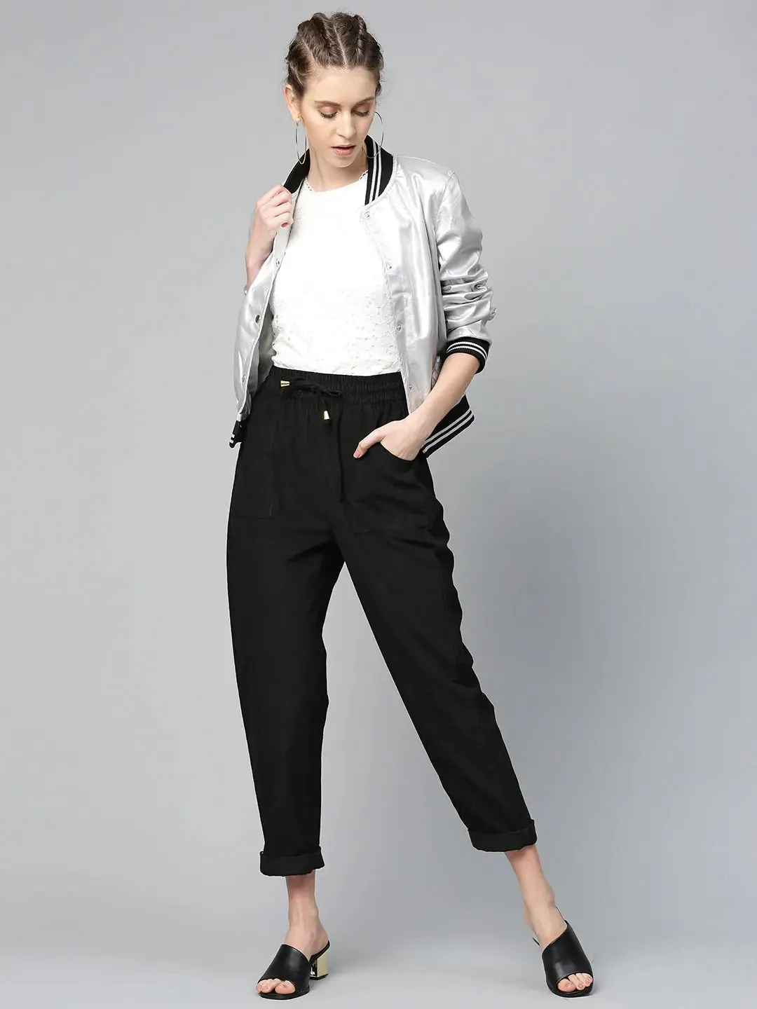 Black Corduroy Street Style Drawstring Pants