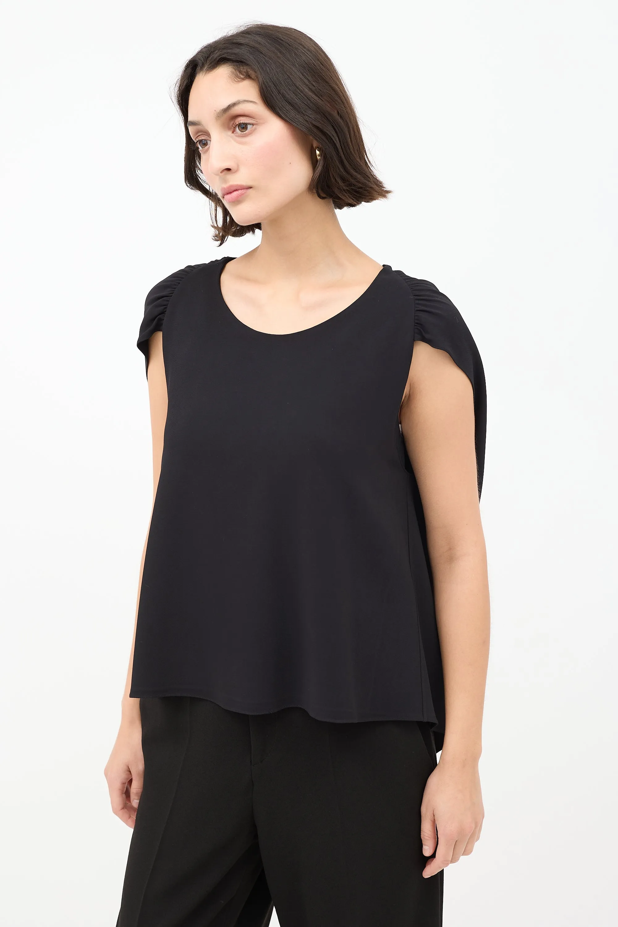 Black Gathered Cape Short Sleeve Top