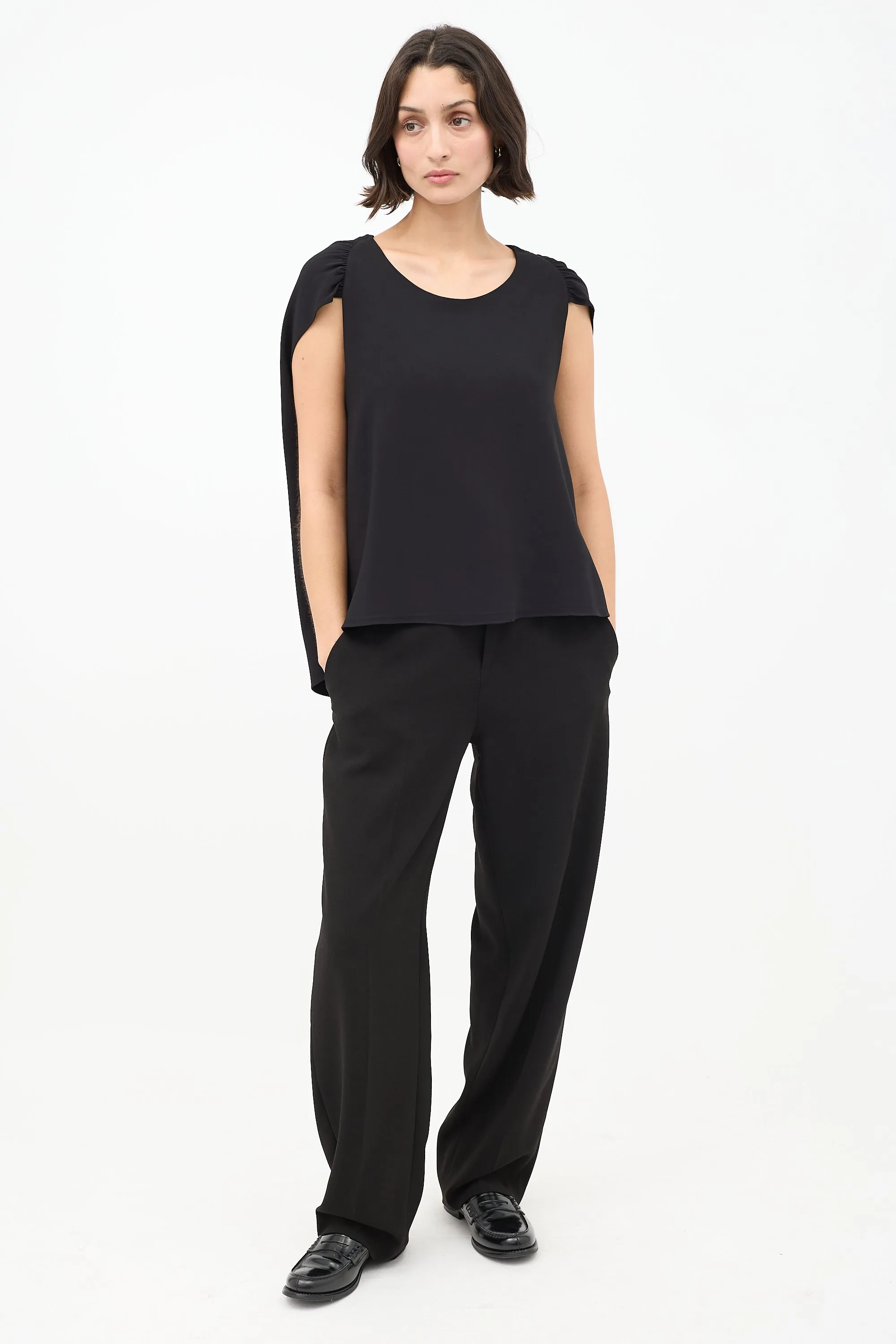 Black Gathered Cape Short Sleeve Top