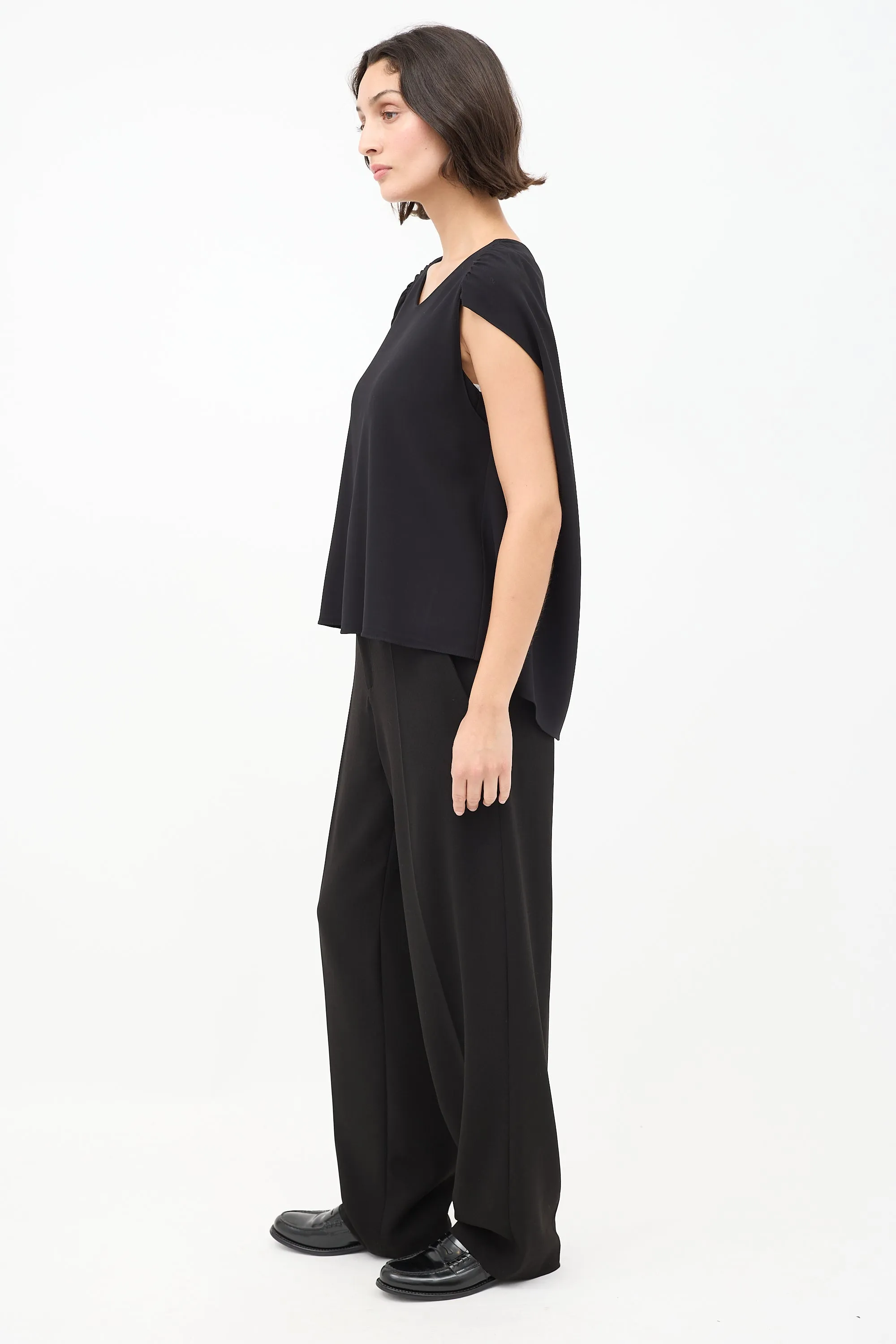 Black Gathered Cape Short Sleeve Top