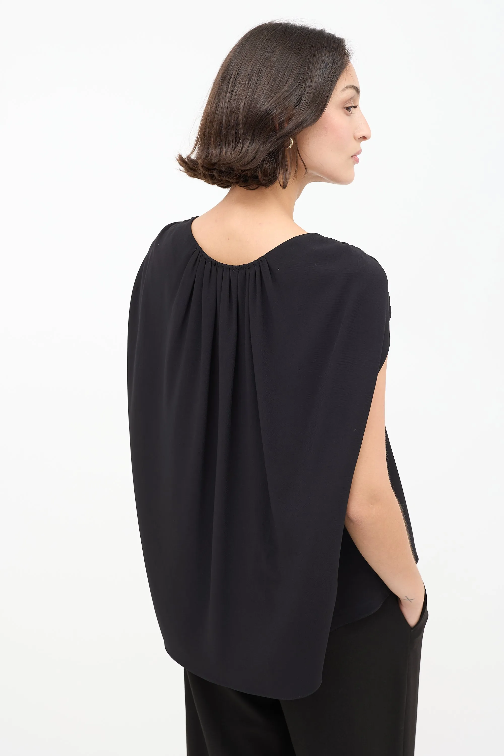 Black Gathered Cape Short Sleeve Top