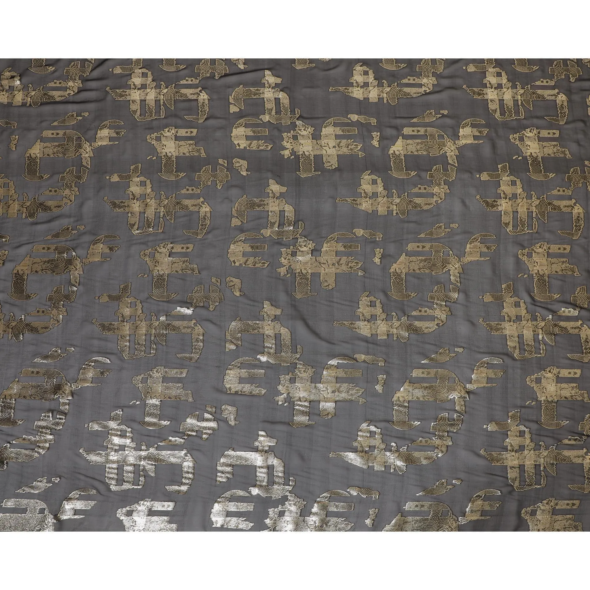 Black pure silk chiffon fabric with gold metallic lurex in fancy design-D7465