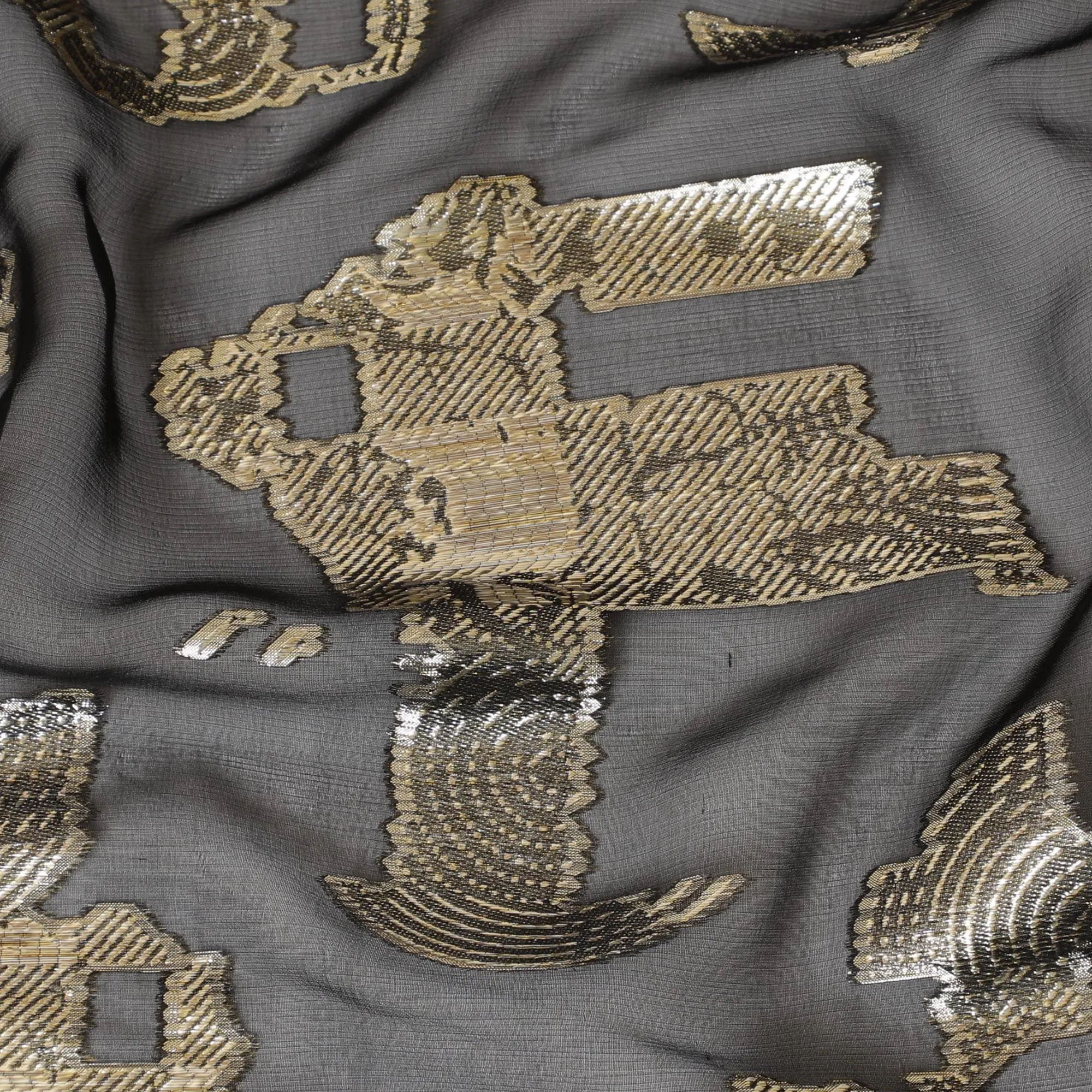 Black pure silk chiffon fabric with gold metallic lurex in fancy design-D7465