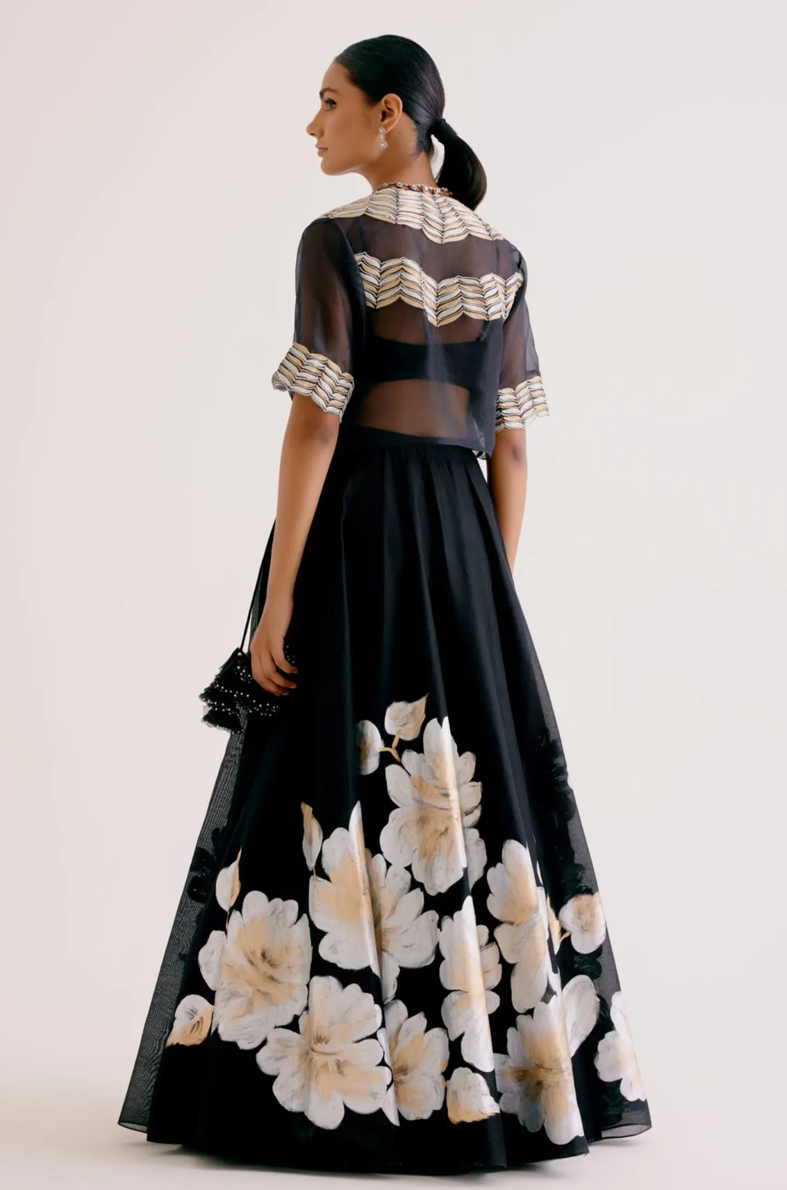 Black Silk Chanderi Hand-Painted Lehenga and Short Jacket Set