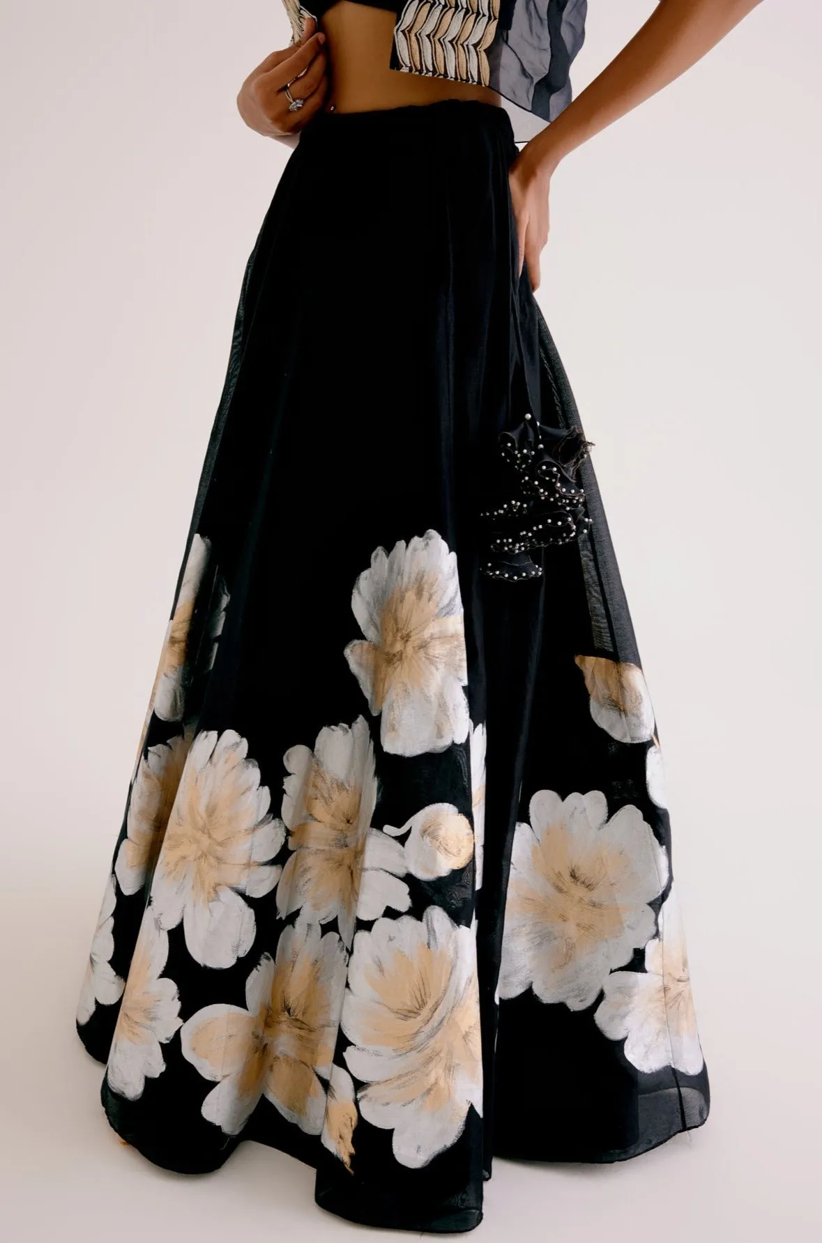 Black Silk Chanderi Hand-Painted Lehenga and Short Jacket Set