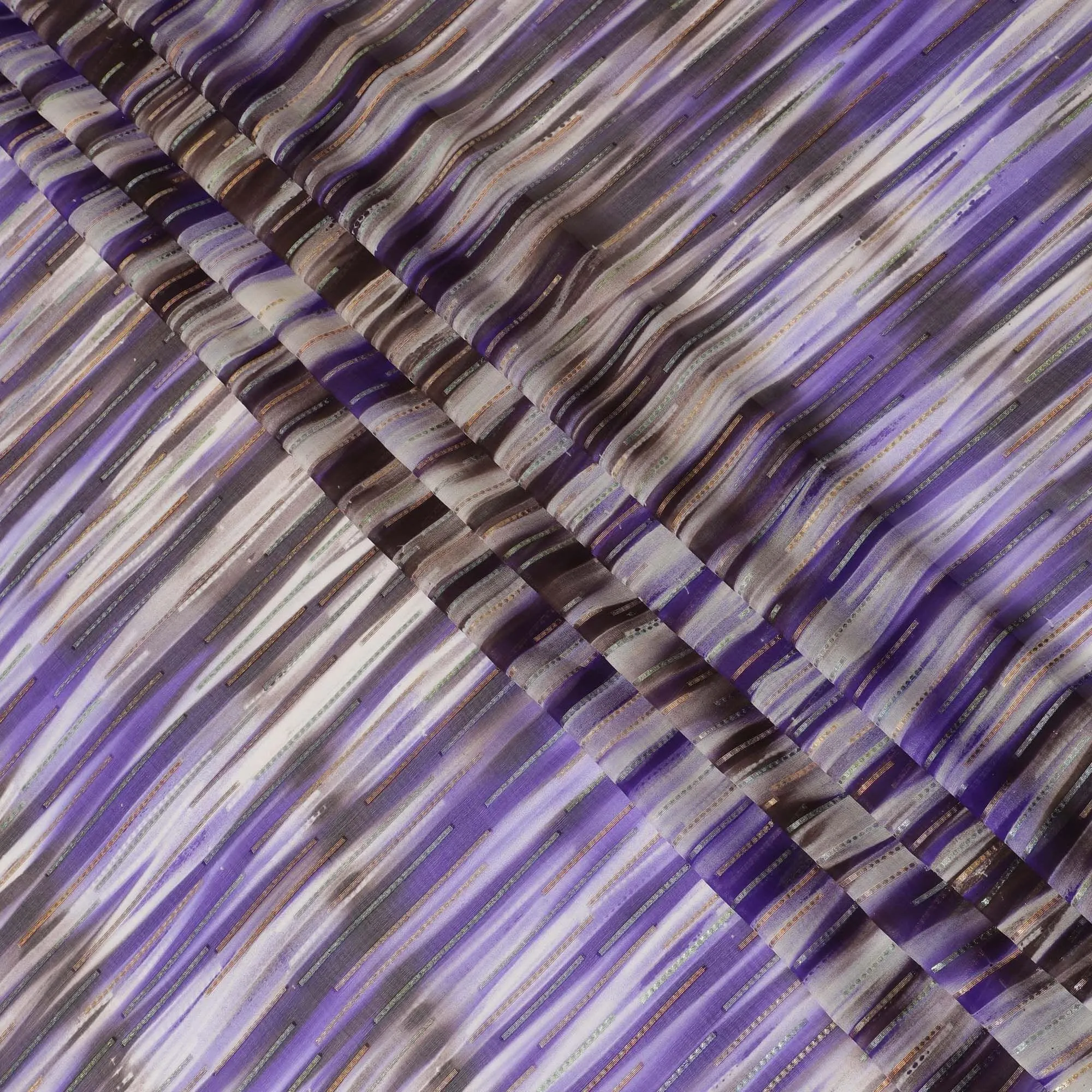 Blue premium pure silk chiffon fabric with gold and silver metallic lurex in stripe design-D13980