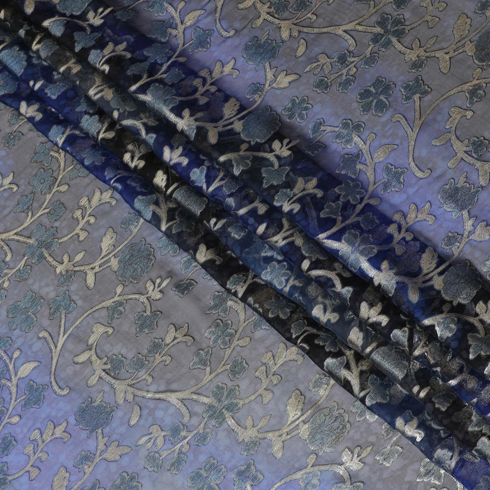 Blue Premium pure silk chiffon fabric with gold metallic lurex in floral design-D12536