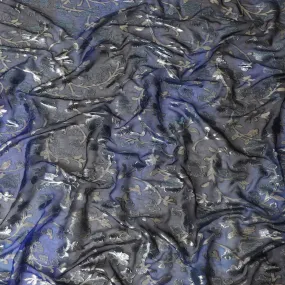 Blue Premium pure silk chiffon fabric with gold metallic lurex in floral design-D12536