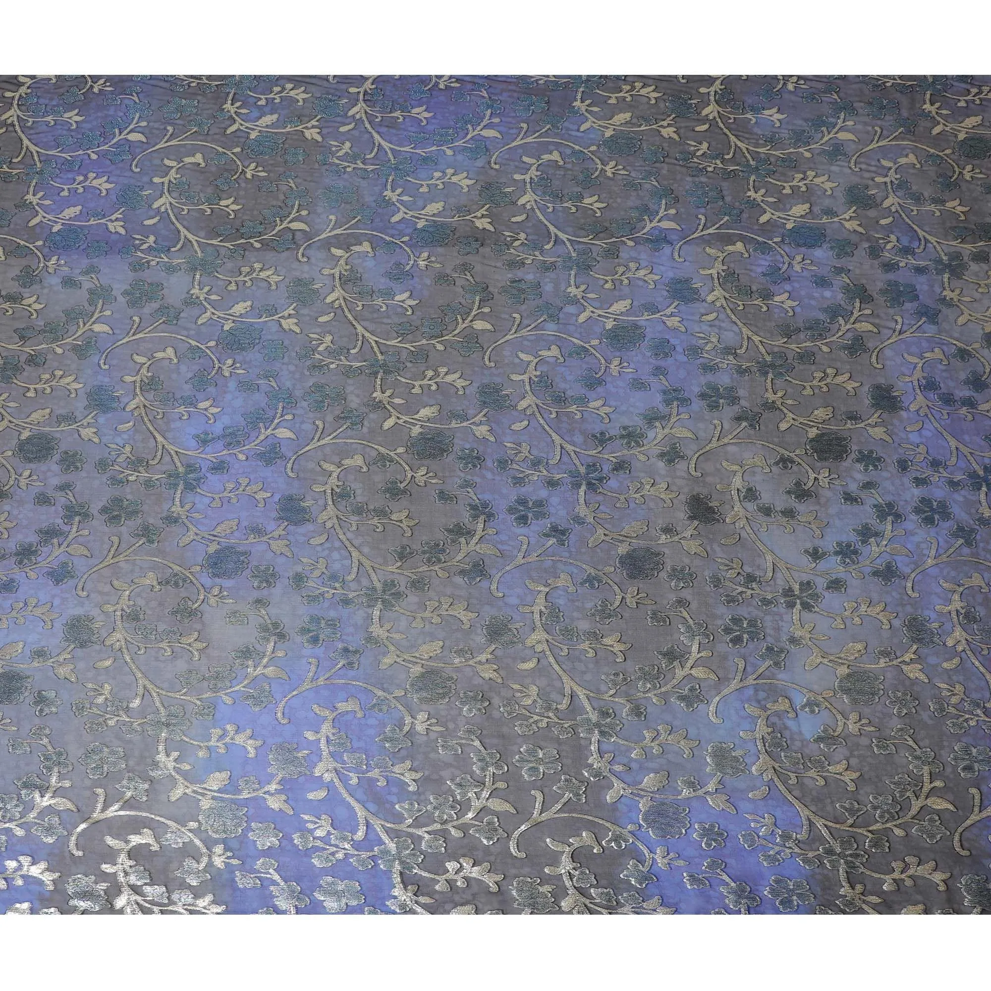 Blue Premium pure silk chiffon fabric with gold metallic lurex in floral design-D12536