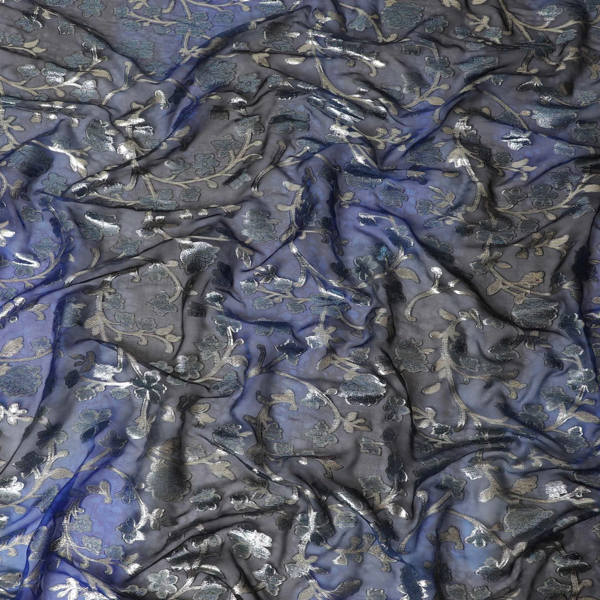 Blue Premium pure silk chiffon fabric with gold metallic lurex in floral design-D12536