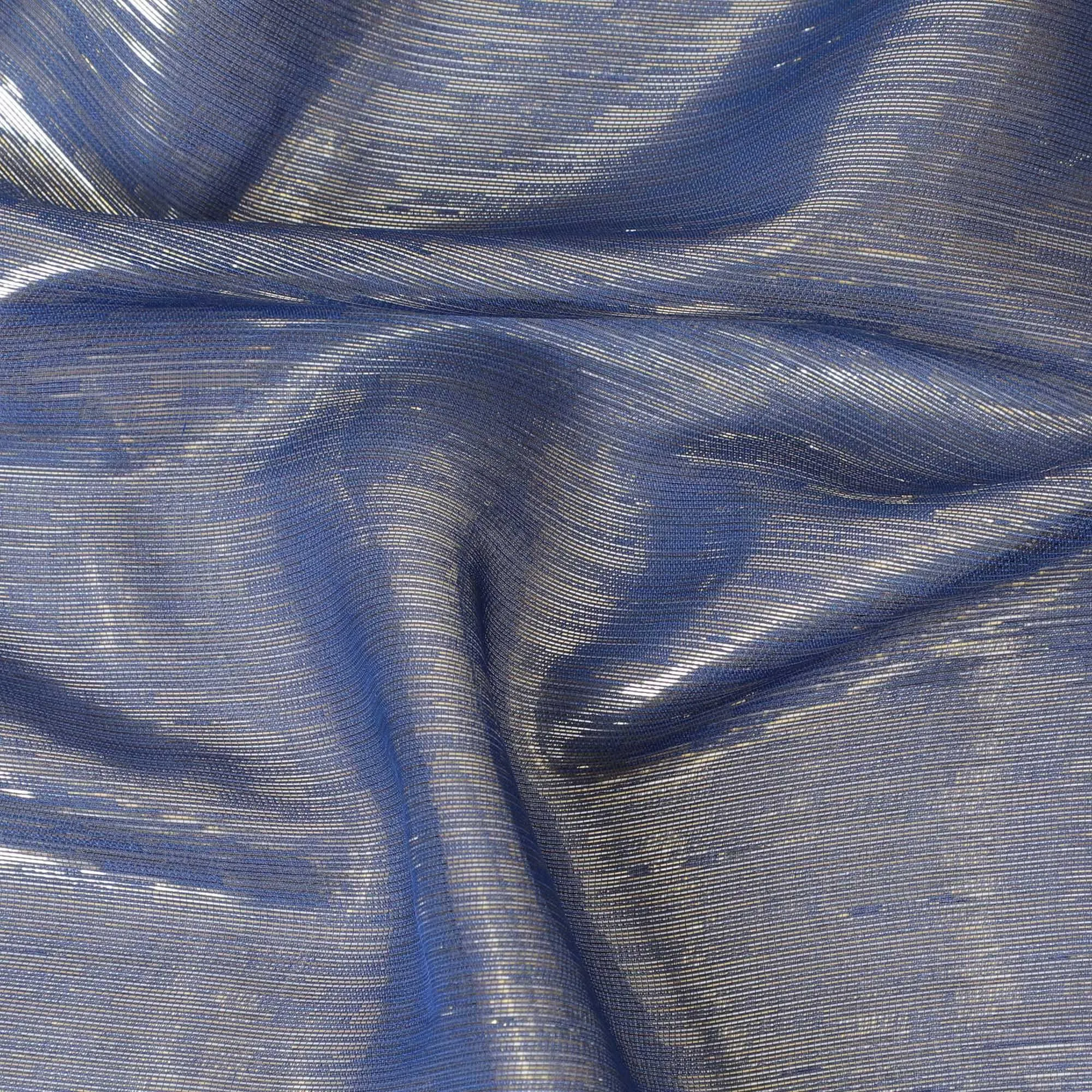 Blue Premium pure silk chiffon fabric with gold metallic lurex in stripe design-D12438