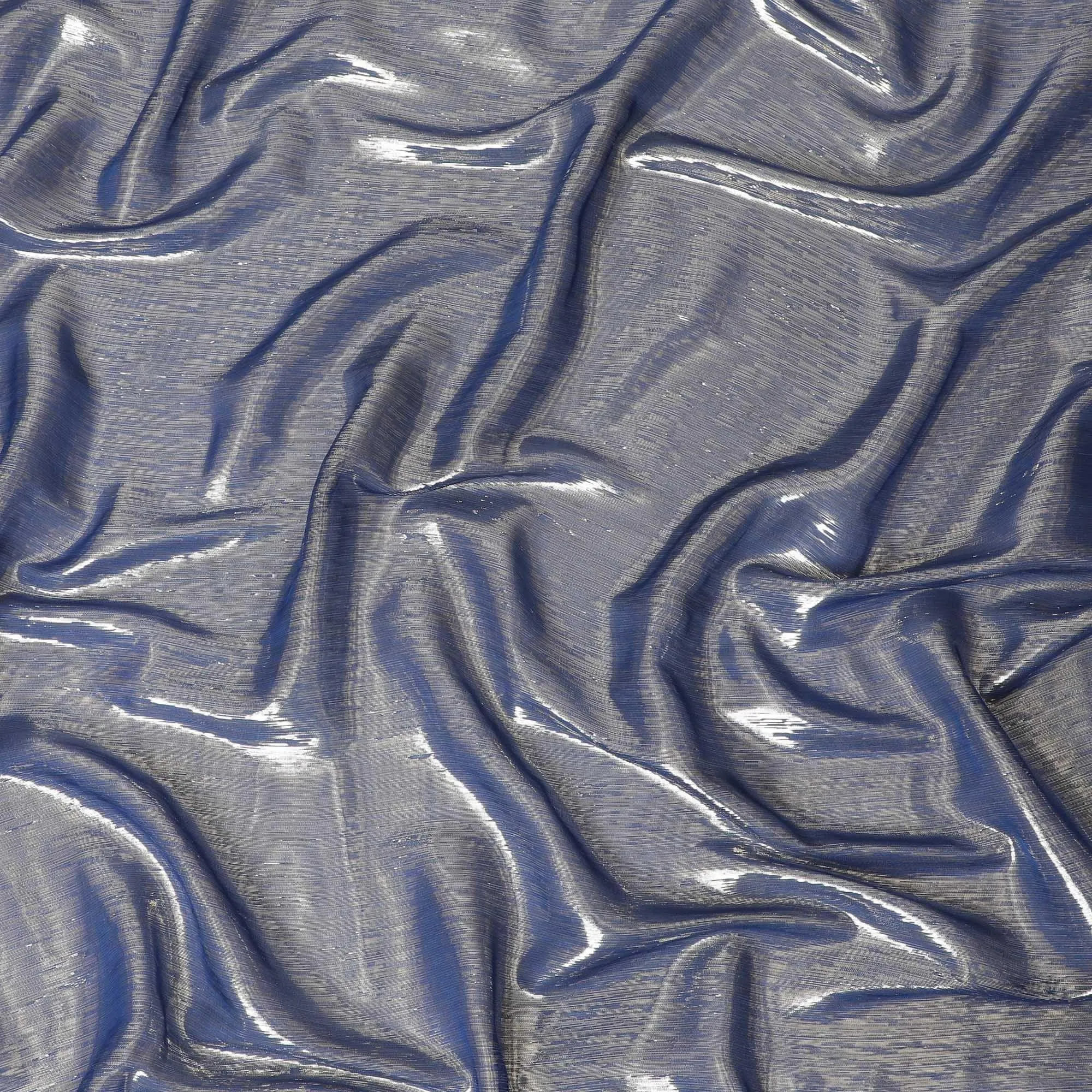 Blue Premium pure silk chiffon fabric with gold metallic lurex in stripe design-D12438