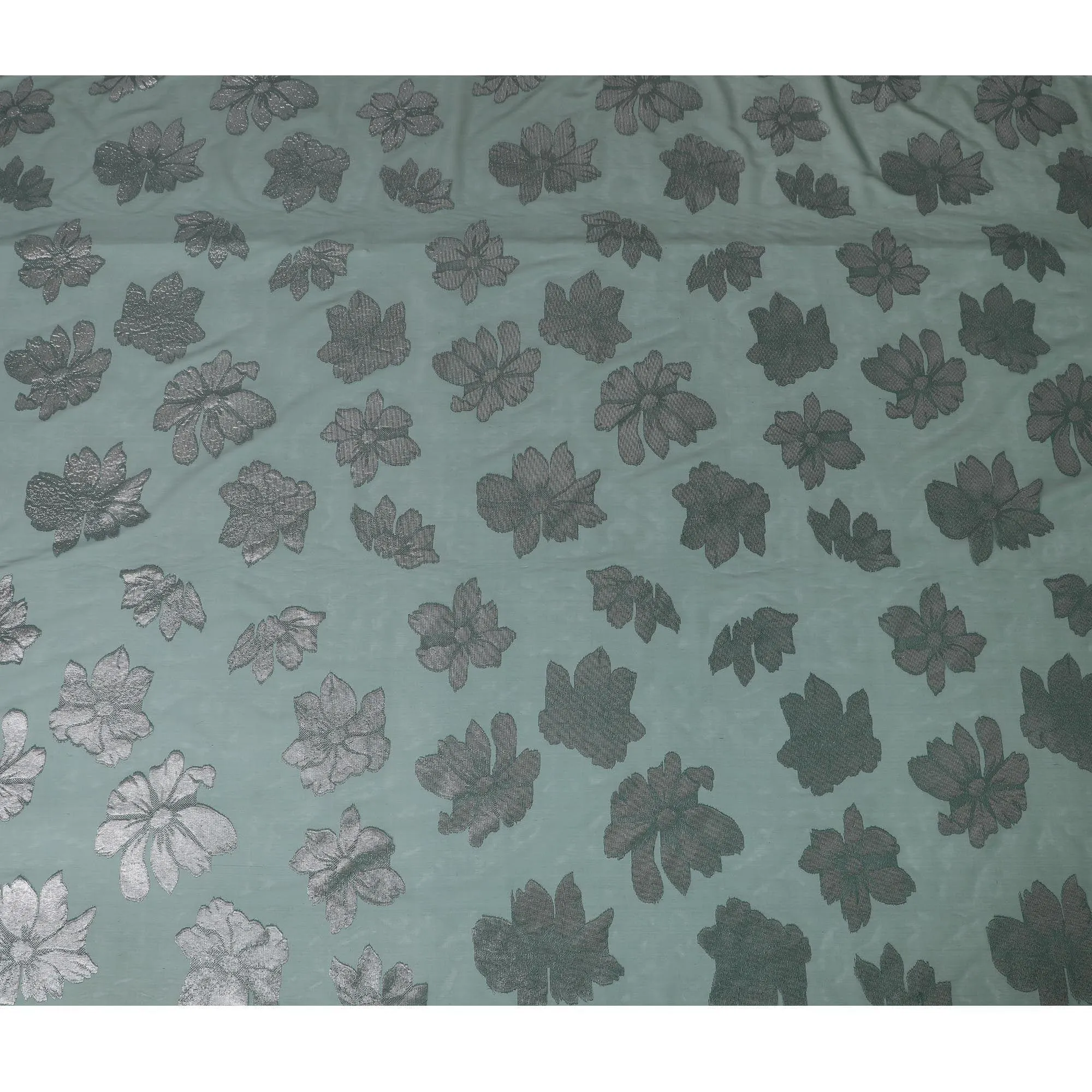 Bottle green Premium pure Italian silk chiffon fabric with copper and silver metallic lurex in floral design-D10796