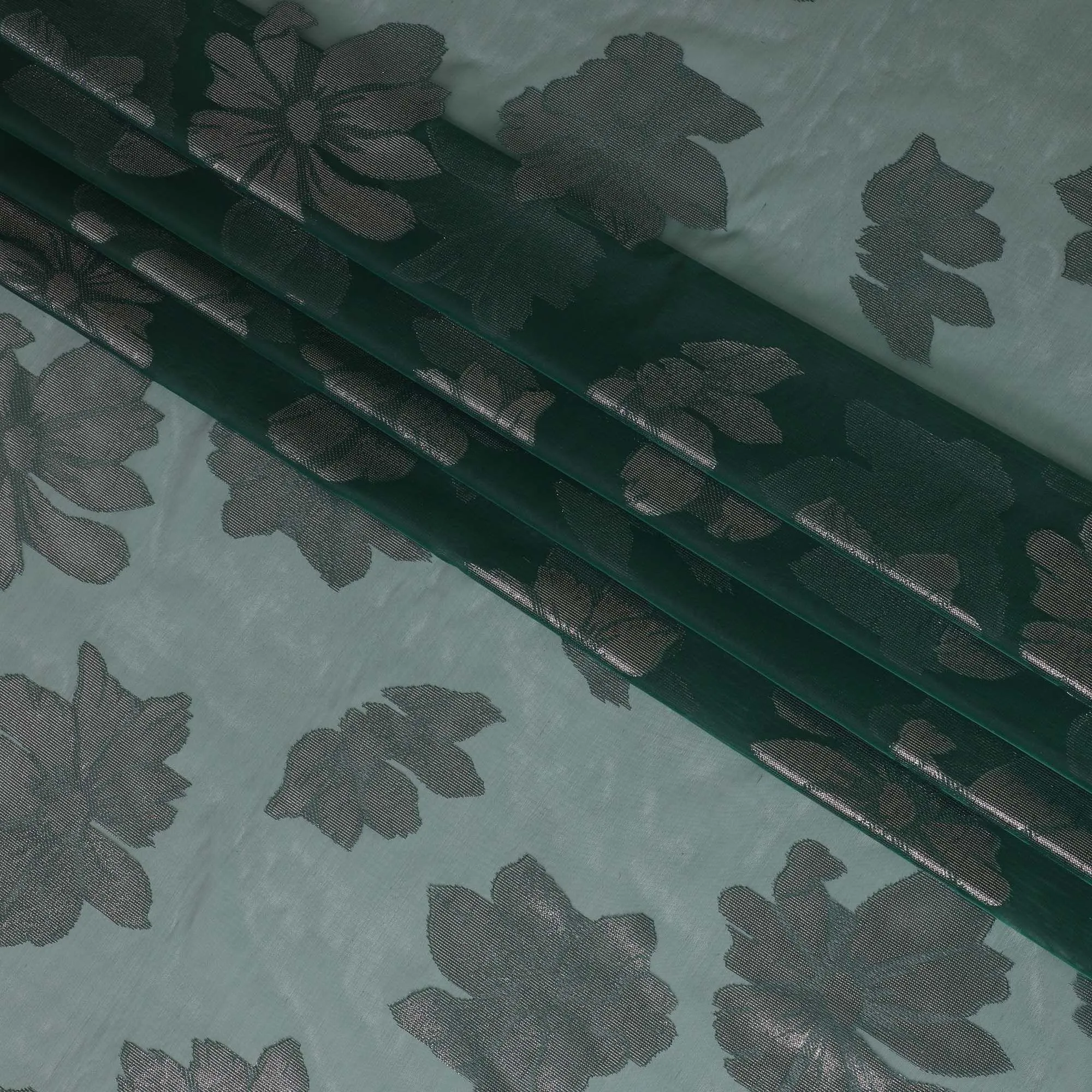 Bottle green Premium pure Italian silk chiffon fabric with copper and silver metallic lurex in floral design-D10796