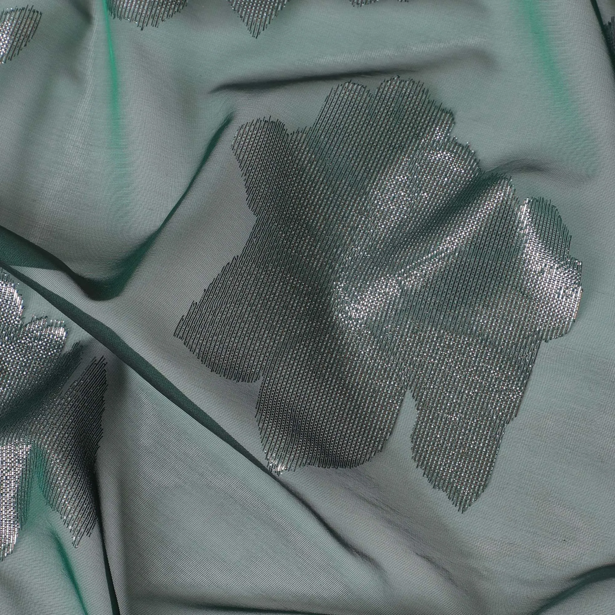 Bottle green Premium pure Italian silk chiffon fabric with copper and silver metallic lurex in floral design-D10796