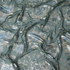 Bottle green premium pure silk chiffon fabric with baby blue viscose and gold metallic lurex in floral design-D12518