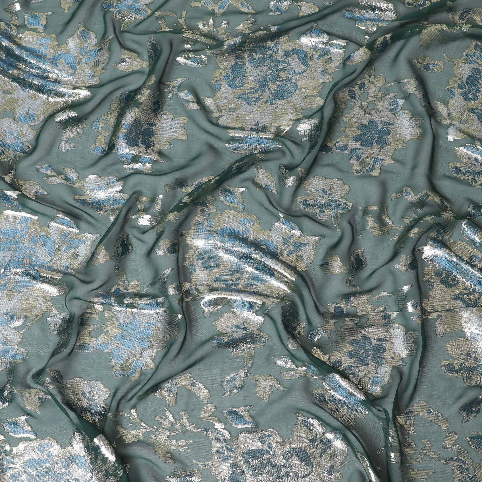Bottle green premium pure silk chiffon fabric with baby blue viscose and gold metallic lurex in floral design-D12518