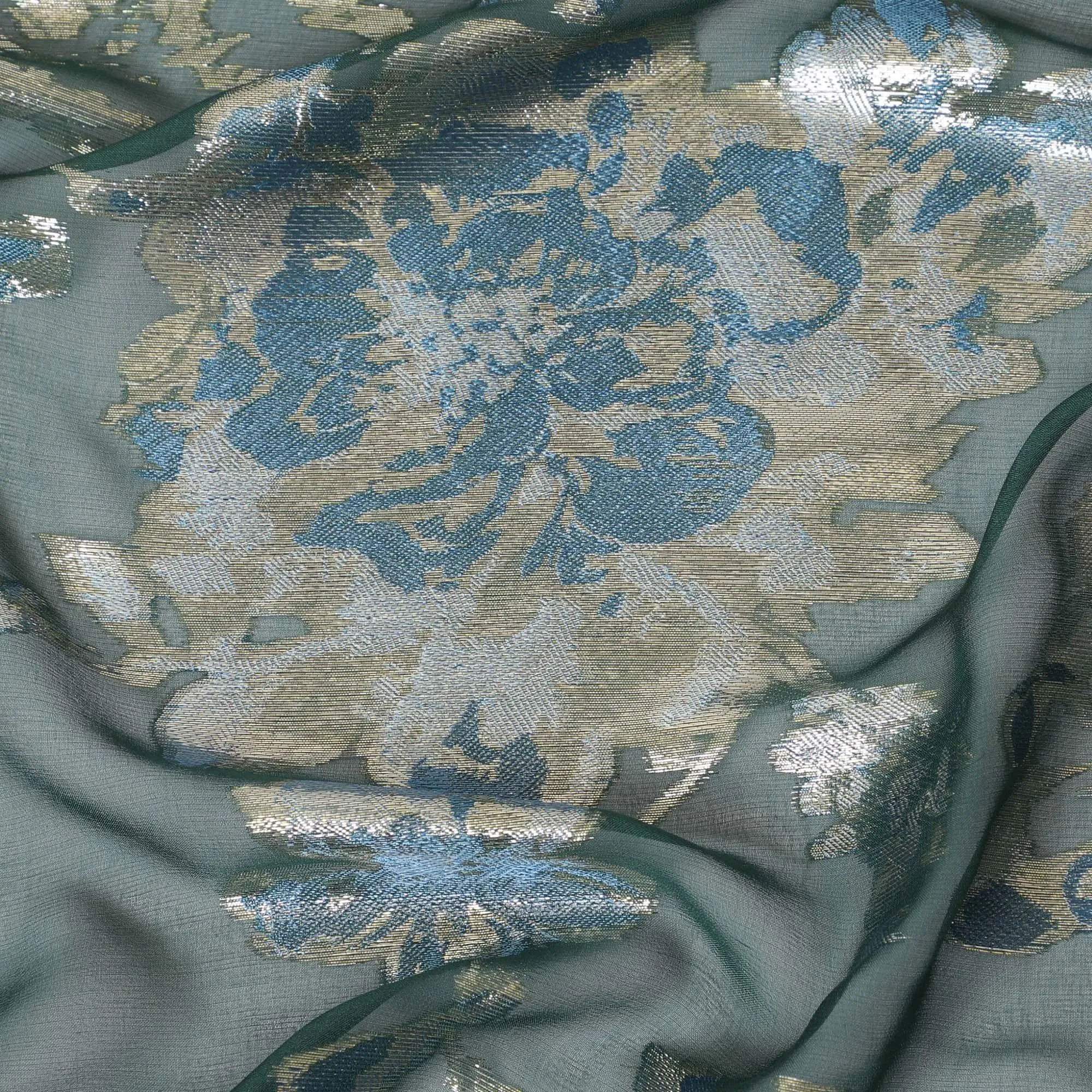 Bottle green premium pure silk chiffon fabric with baby blue viscose and gold metallic lurex in floral design-D12518