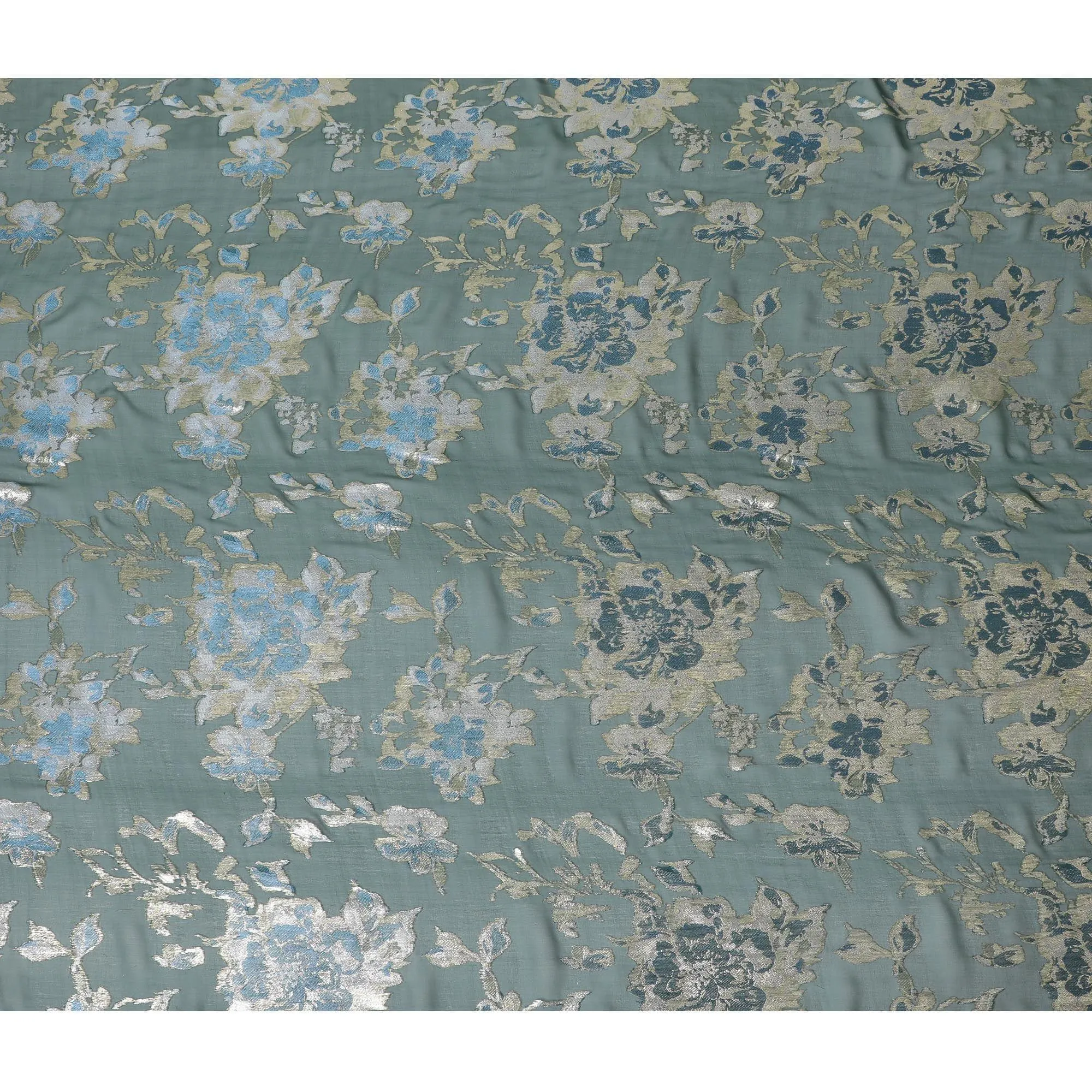 Bottle green premium pure silk chiffon fabric with baby blue viscose and gold metallic lurex in floral design-D12518